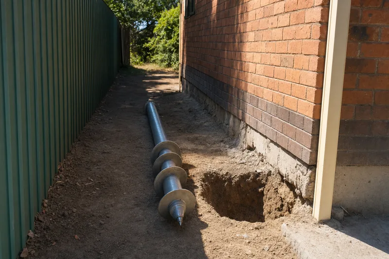 A steel pile with round steel plates along its shaft lying beside an open hole at the base of a brick wall — screw piles, Melbourne. Illustrative example.