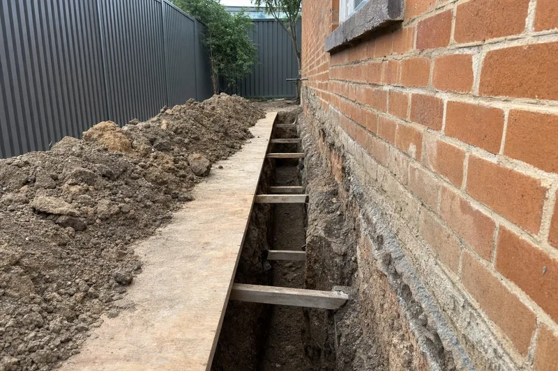 A trench along the base of a brick house wall with timber props across it and spoil heaped on plywood beside it — underpinning, Melbourne. Illustrative example.