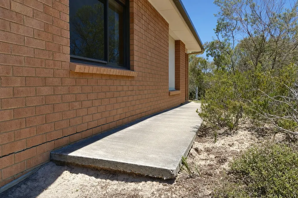A brick house wall with a crack along its base, beside a concrete path that has dropped at its edge, with pale loose soil and scrub — underpinning, Melbourne. Illustrative example.