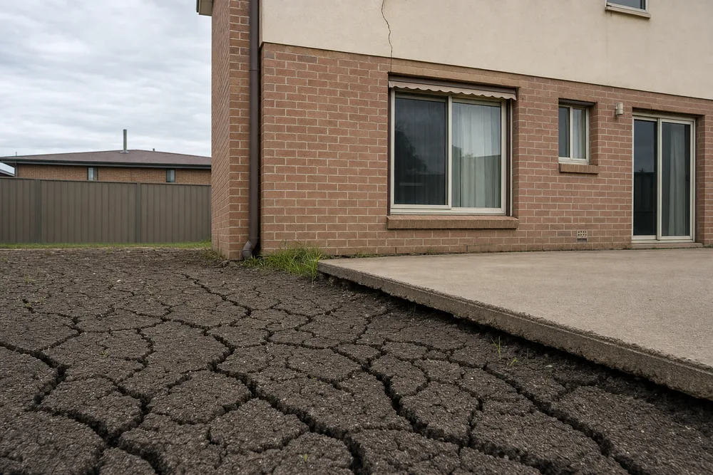 Dry, cracked ground beside a concrete slab that tilts away from the wall of a brick-and-render house, with a crack above a window — underpinning, Melbourne. Illustrative example.