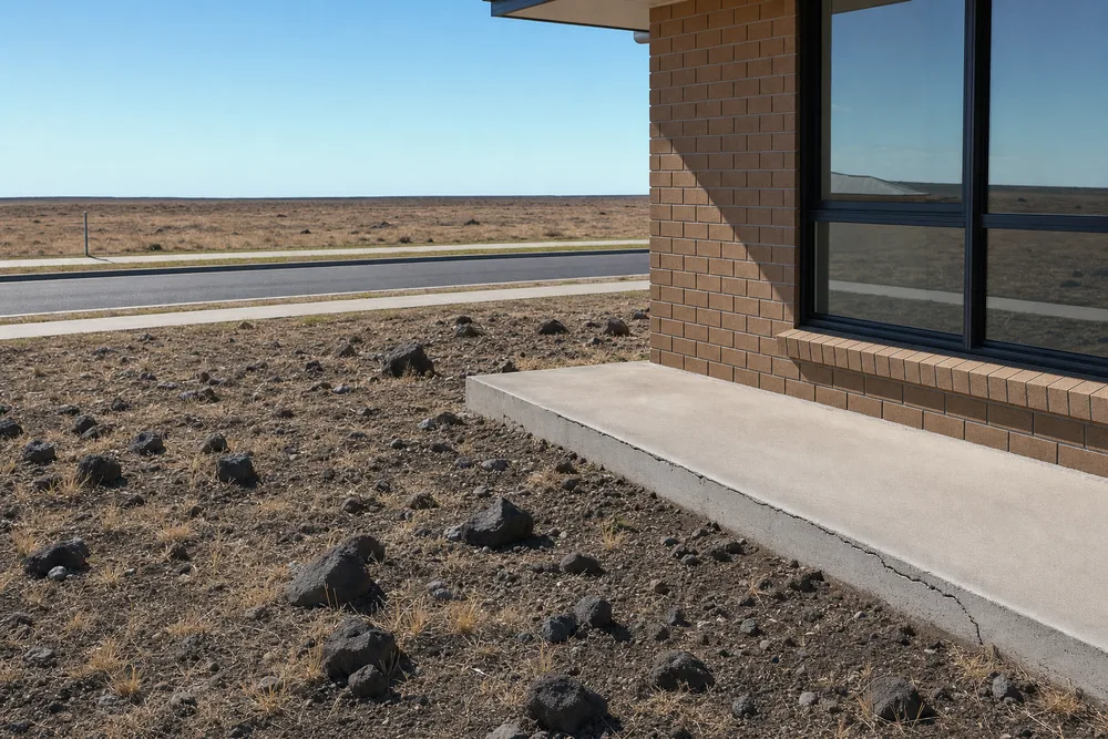 Scattered dark stones on flat dry ground beside a concrete slab edge with a hairline crack along it, at the corner of a brick house — underpinning, Melbourne. Illustrative example.