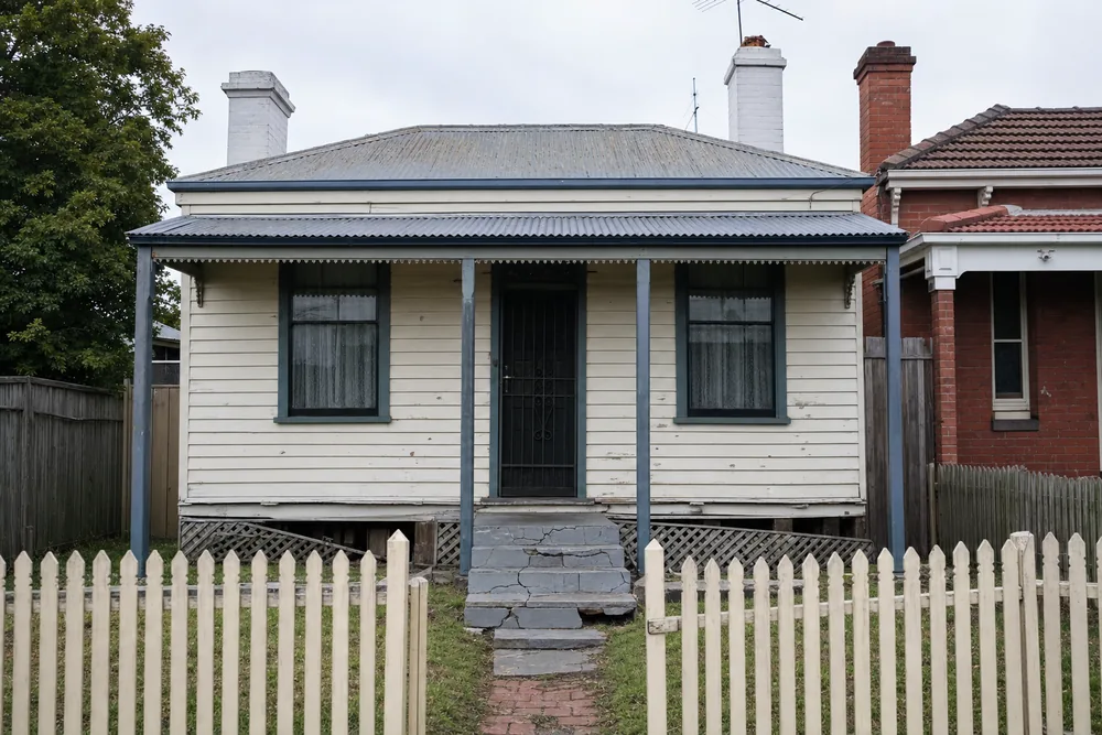 A weatherboard cottage with cracked front steps and timber lattice pulled away at its base, behind a picket fence — underpinning, Melbourne. Illustrative example.