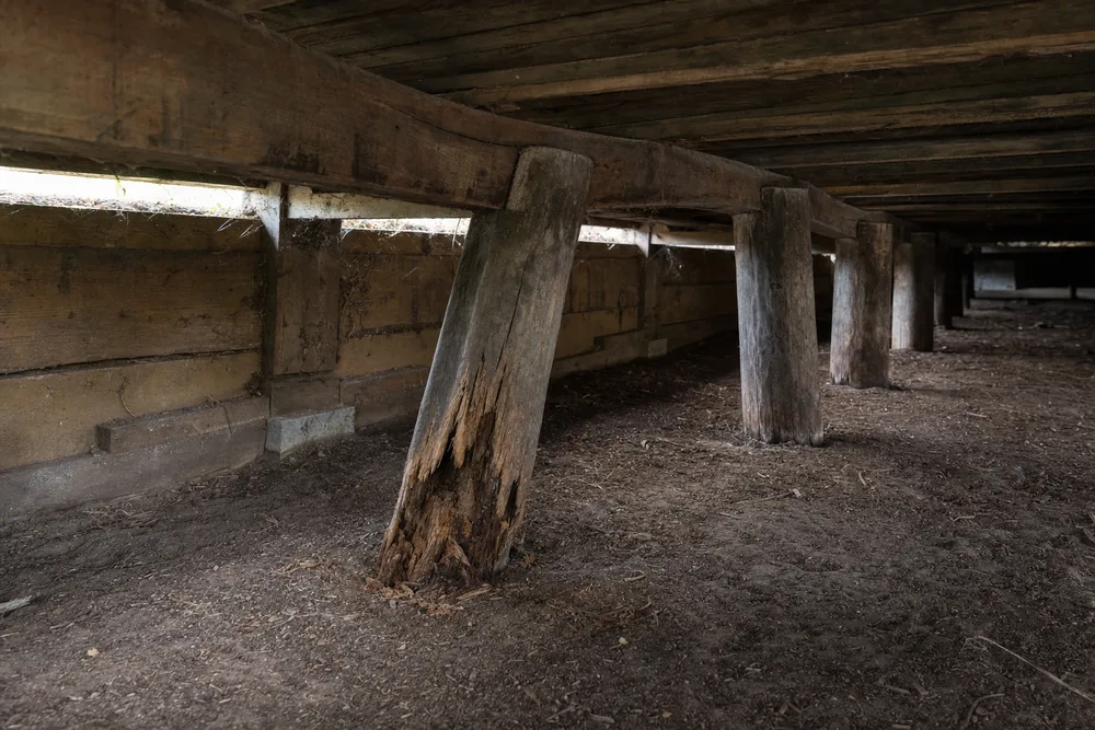 Old timber stumps under a floor, one split and leaning at its base beneath a curved bearer — restumping, Melbourne. Illustrative example.